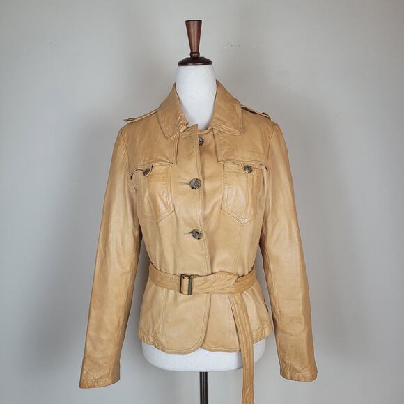 Banana Republic Jacket Small Tan Leather Belted Button Safari Utility Pockets - Picture 1 of 14
